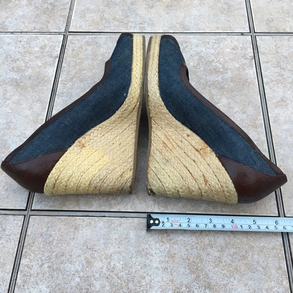 Fendi peep toe denim trim wedge espadrilles 37.5 - Picture 7 of 15